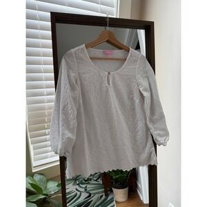 Lilly Pulitzer Eyelet Top‎ Keyhole 3/4 Sleeve White Blouse Size S